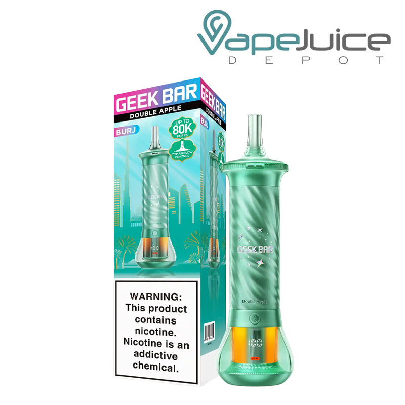 A Box of Double Apple Geek Bar Burj 80K Disposable with a warning sign and a device next to it - Vape Juice Depot
