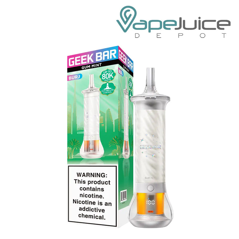 A Box of Gum Mint Geek Bar Burj 80K Disposable with a warning sign and a device next to it - Vape Juice Depot
