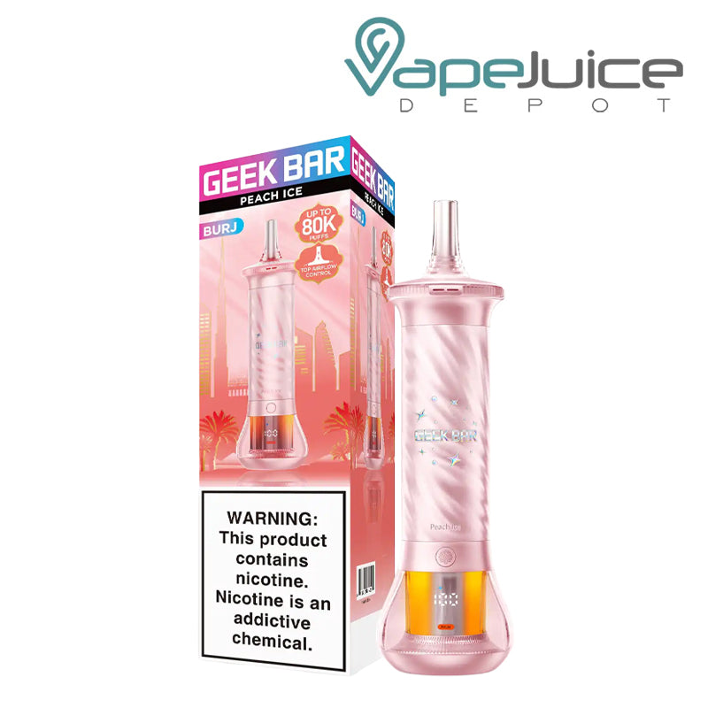 A Box of Peach Ice Geek Bar Burj 80K Disposable with a warning sign and a device next to it - Vape Juice Depot