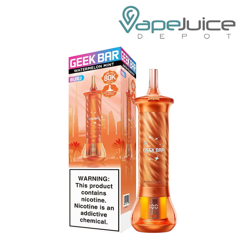 A Box of Watermelon Mint Geek Bar Burj 80K Disposable with a warning sign and a device next to it - Vape Juice Depot