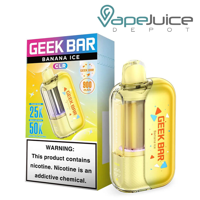 A Box of Banana Ice Geek Bar CLR Edition 50K Disposable with a warning sign and a device next to it - Vape Juice Depot
