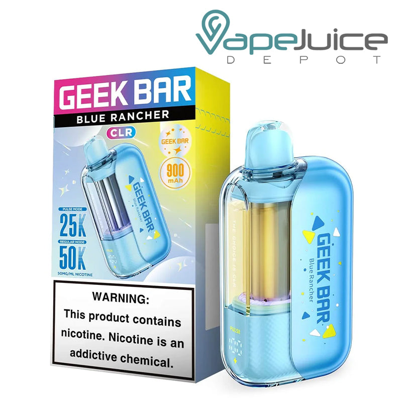 A Box of Blue Rancher Geek Bar CLR Edition 50K Disposable with a warning sign and a device next to it - Vape Juice Depot