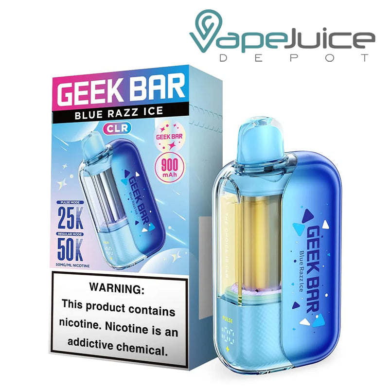A Box of Blue Razz Ice Geek Bar CLR Edition 50K Disposable with a warning sign and a device next to it - Vape Juice Depot