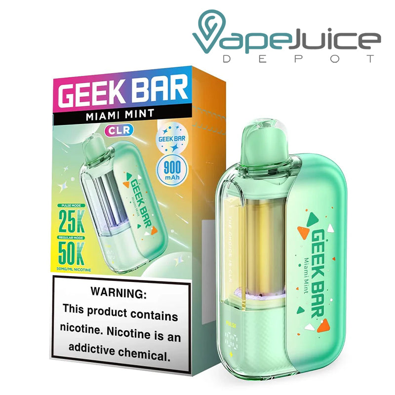 A Box of Miami Mint Geek Bar CLR Edition 50K Disposable with a warning sign and a device next to it - Vape Juice Depot