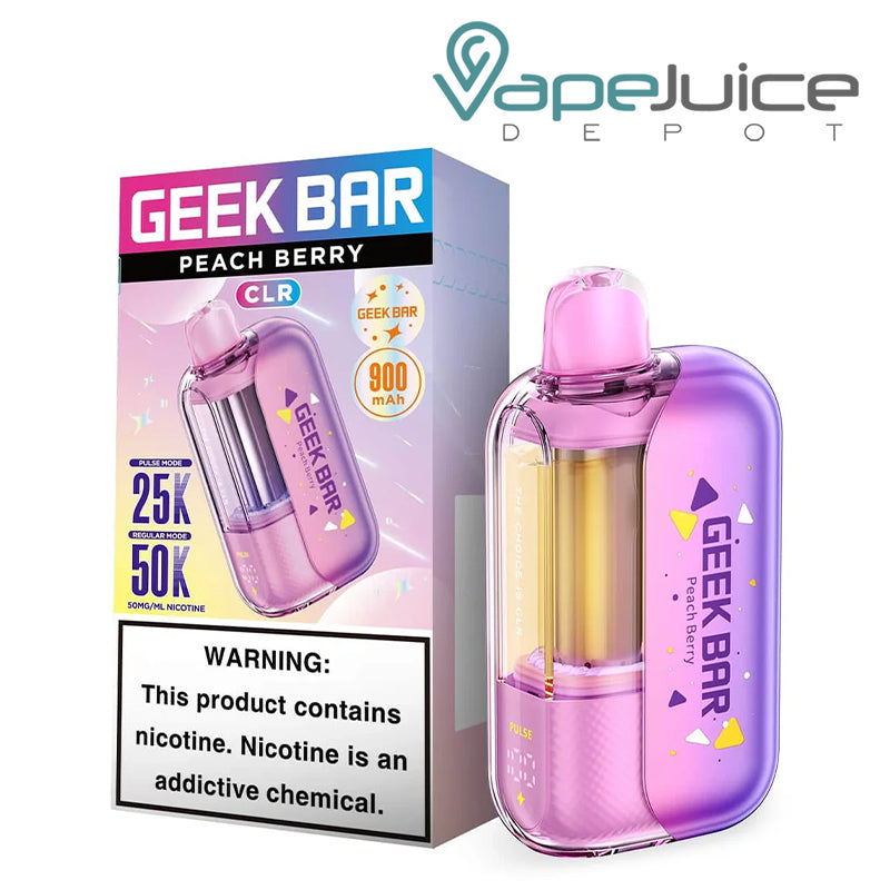 A Box of Peach Berry Geek Bar CLR Edition 50K Disposable with a warning sign and a device next to it - Vape Juice Depot