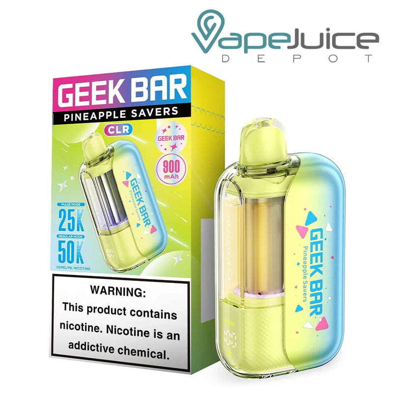 A Box of Pineapple Savers Geek Bar CLR Edition 50K Disposable with a warning sign and a device next to it - Vape Juice Depot