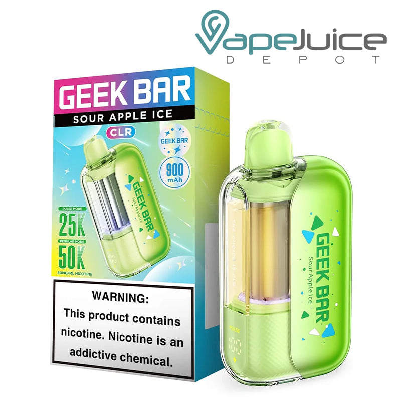 A Box of Sour Apple Ice Geek Bar CLR Edition 50K Disposable with a warning sign and a device next to it - Vape Juice Depot