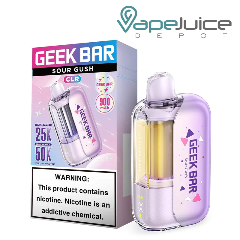 A Box of Sour Gush Geek Bar CLR Edition 50K Disposable with a warning sign and a device next to it - Vape Juice Depot