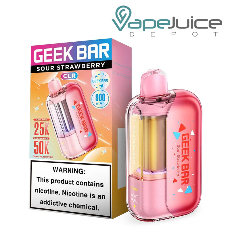 A Box of Sour Strawberry Geek Bar CLR Edition 50K Disposable with a warning sign and a device next to it - Vape Juice Depot