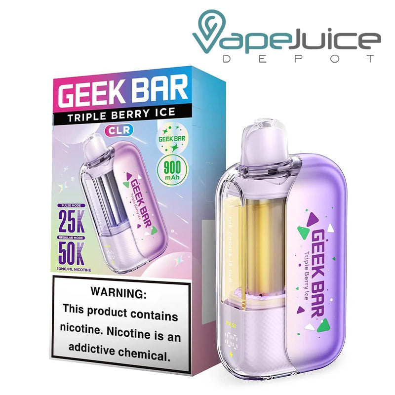 A Box of Triple Berry Ice Geek Bar CLR Edition 50K Disposable with a warning sign and a device next to it - Vape Juice Depot