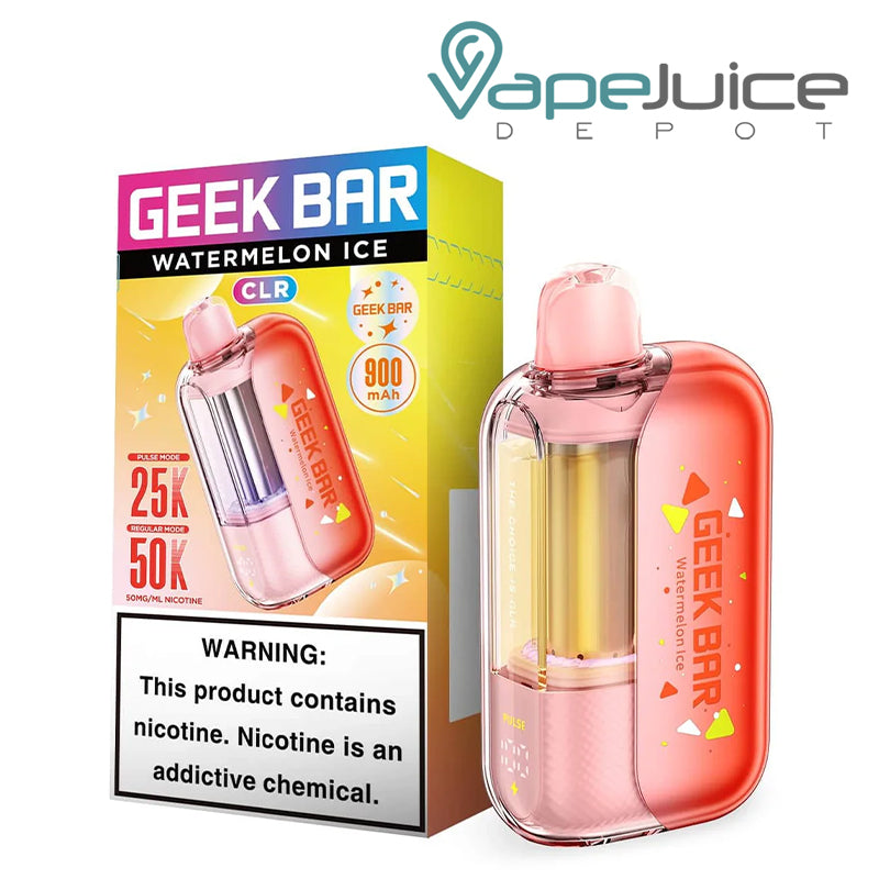 A Box of Watermelon Ice Geek Bar CLR Edition 50K Disposable with a warning sign and a device next to it - Vape Juice Depot