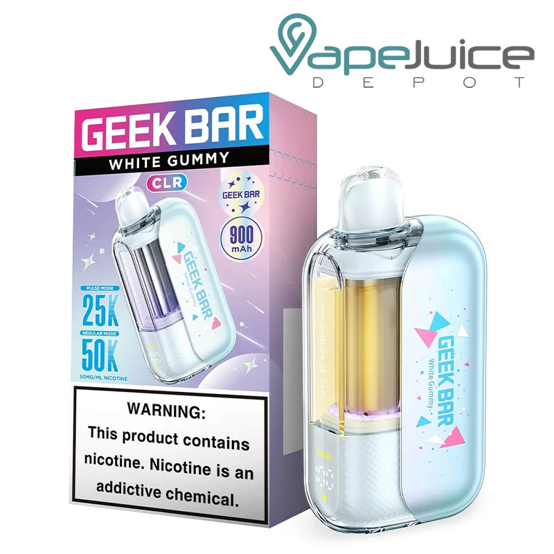 A Box of White Gummy Geek Bar CLR Edition 50K Disposable with a warning sign and a device next to it - Vape Juice Depot