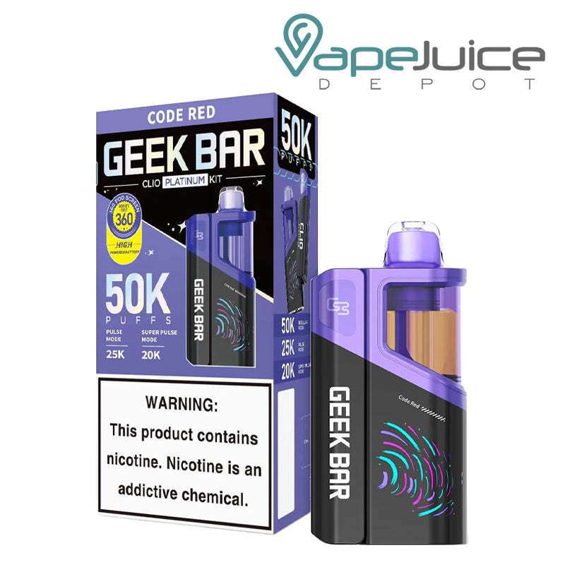 A box of Code Red Geek Bar Clio Platinum 50K Disposable Kit with a warning sign and a single disposable next to it - Vape Juice Depot