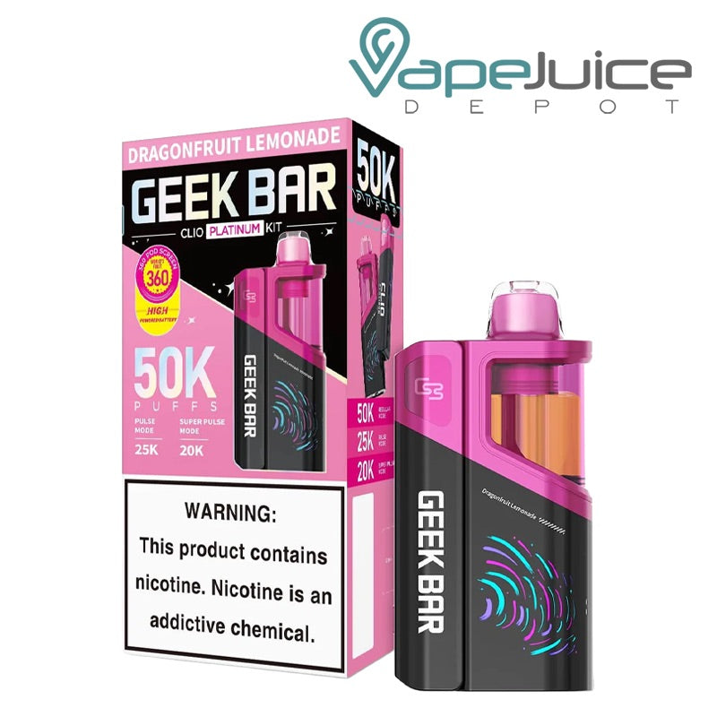 A box of Dragonfruit Lemonade Geek Bar Clio Platinum 50K Disposable Kit with a warning sign and a single disposable next to it - Vape Juice Depot