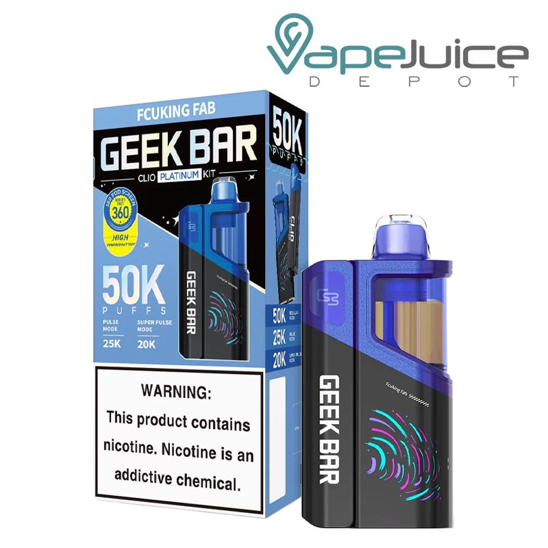 A box of Fcuking Fab Geek Bar Clio Platinum 50K Disposable Kit with a warning sign and a single disposable next to it - Vape Juice Depot