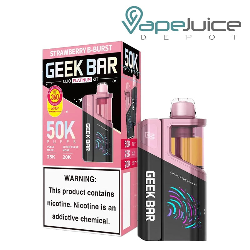A box of Strawberry B-Burst Geek Bar Clio Platinum 50K Disposable Kit with a warning sign and a single disposable next to it - Vape Juice Depot