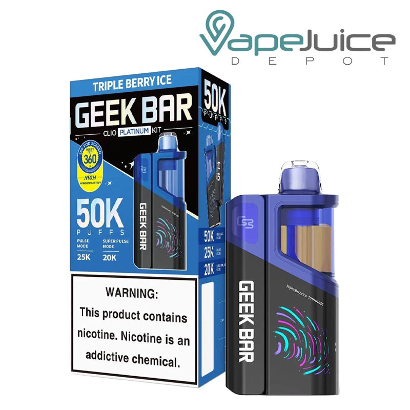 A box of Triple Berry Ice Geek Bar Clio Platinum 50K Disposable Kit with a warning sign and a single disposable next to it - Vape Juice Depot