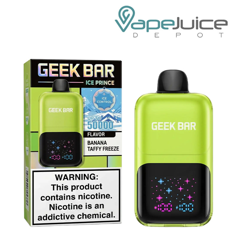A Box of Banana Taffy Freeze Geek Bar Ice Prince 50K Disposable with a warning sign and a device next to it - Vape Juice Depot