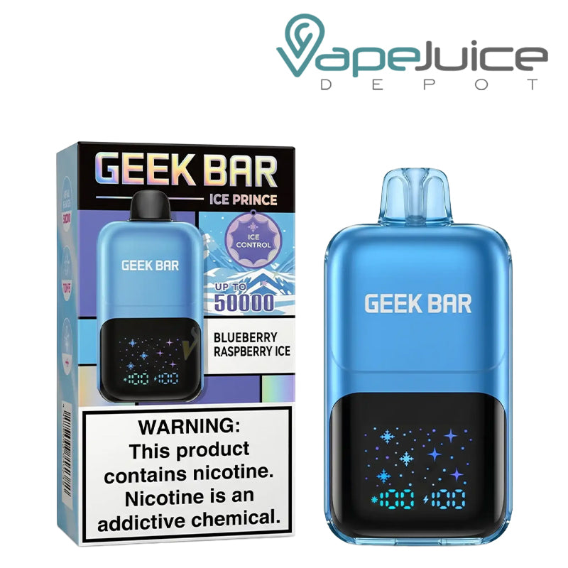 A Box of Blueberry Raspberry ice Geek Bar Ice Prince 50K Disposable with a warning sign and a device next to it - Vape Juice Depot