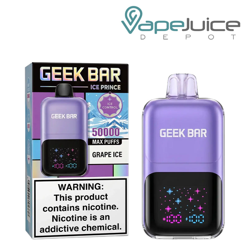 A Box of Grape Ice Geek Bar Ice Prince 50K Disposable with a warning sign and a device next to it - Vape Juice Depot