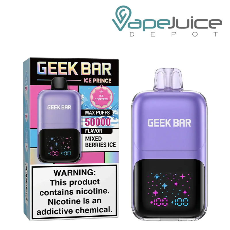A Box of Mixed Berries Ice Geek Bar Ice Prince 50K Disposable with a warning sign and a device next to it - Vape Juice Depot