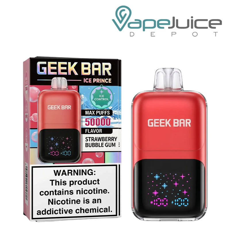 A Box of Strawberry Bubble Gum Geek Bar Ice Prince 50K Disposable with a warning sign and a device next to it - Vape Juice Depot