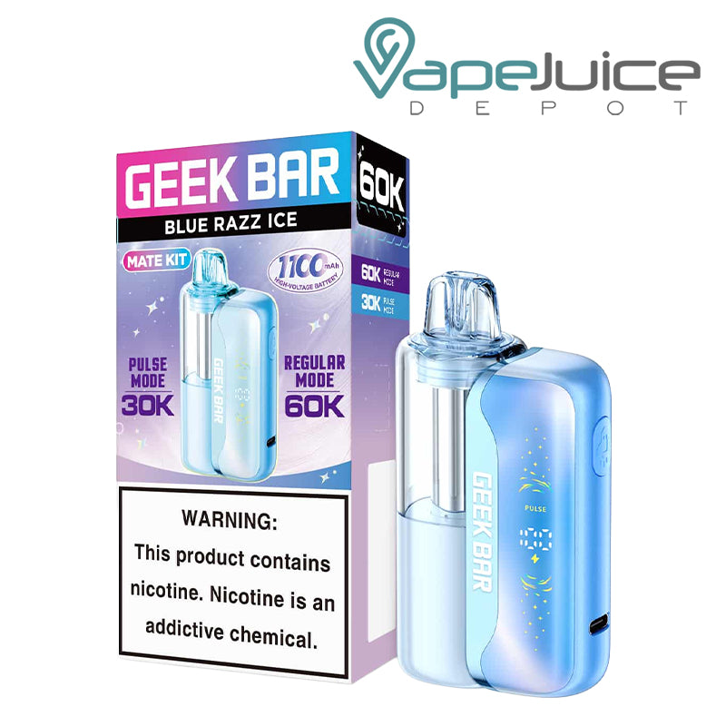 A box of Blue Razz Ice Geek Bar Mate 60K Disposable Kit with a warning sign and a disposable next to it - Vape Juice Depot