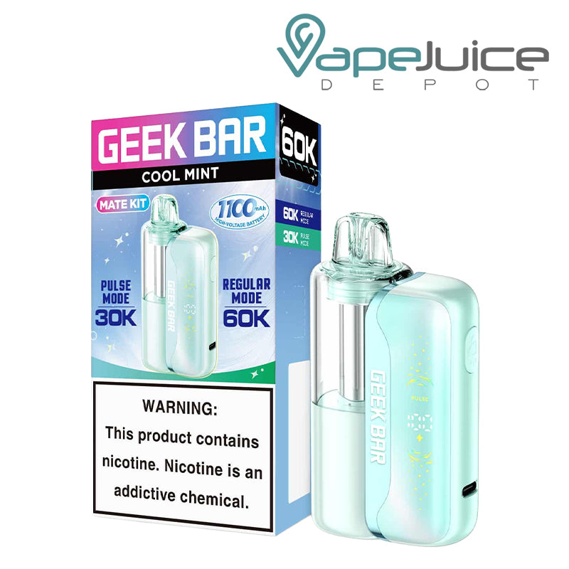 A box of Cool Mint Geek Bar Mate 60K Disposable Kit with a warning sign and a disposable next to it - Vape Juice Depot