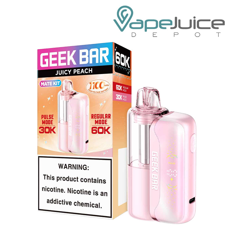 A box of Juicy Peach Geek Bar Mate 60K Disposable Kit with a warning sign and a disposable next to it - Vape Juice Depot