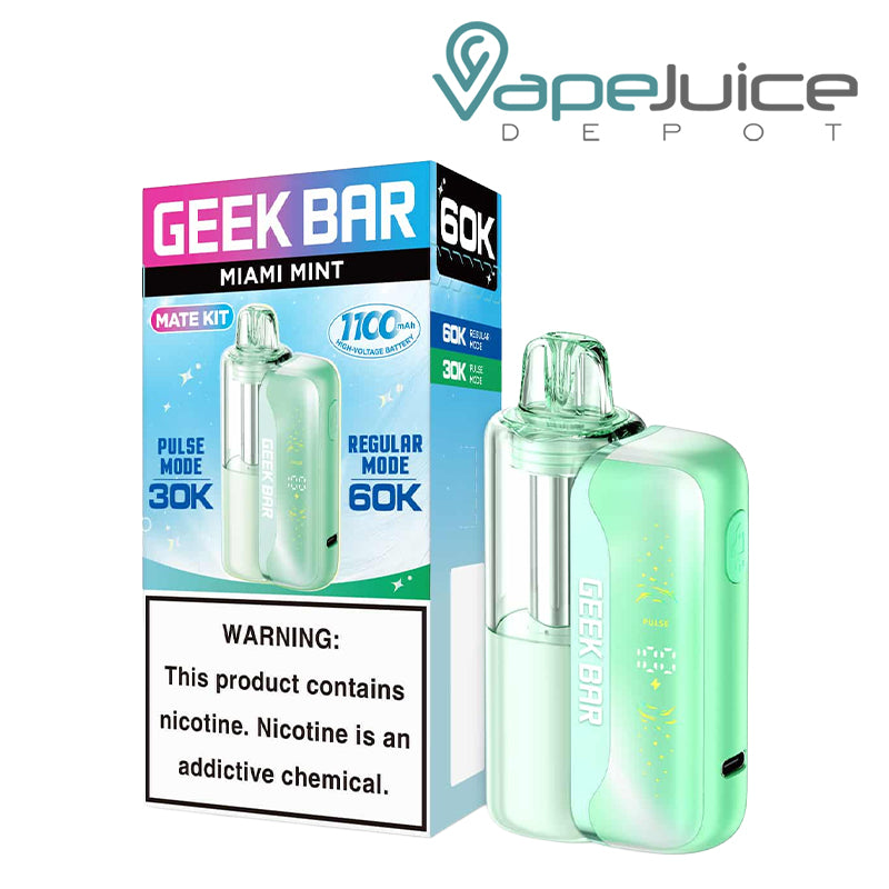 A box of Miami Mint Geek Bar Mate 60K Disposable Kit with a warning sign and a disposable next to it - Vape Juice Depot