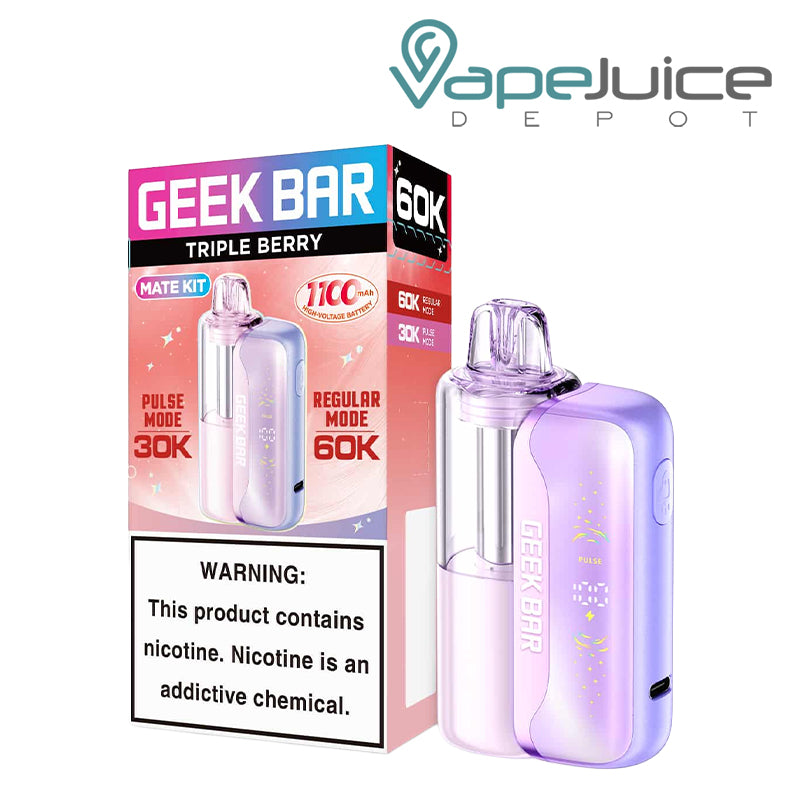A box of Triple Berry Geek Bar Mate 60K Disposable Kit with a warning sign and a disposable next to it - Vape Juice Depot