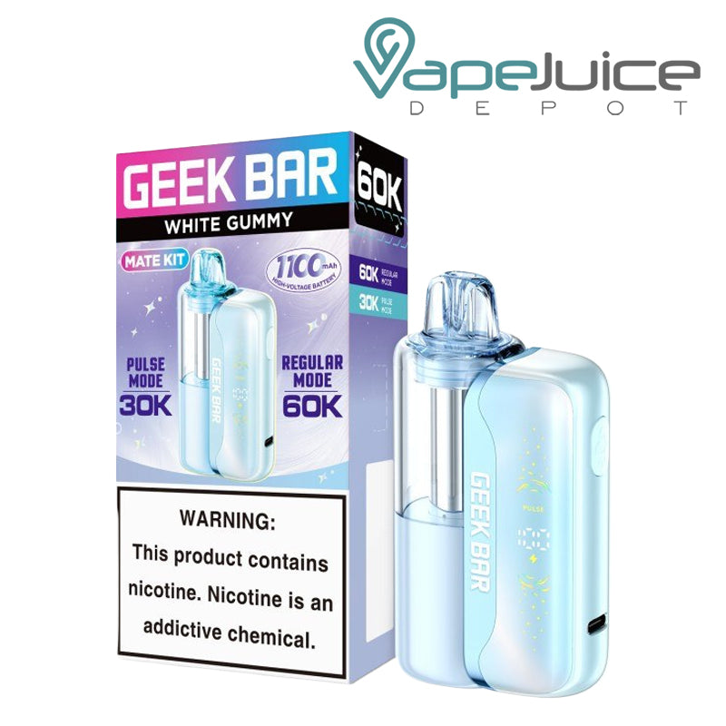 A box of White Gummy Geek Bar Mate 60K Disposable Kit with a warning sign and a disposable next to it - Vape Juice Depot