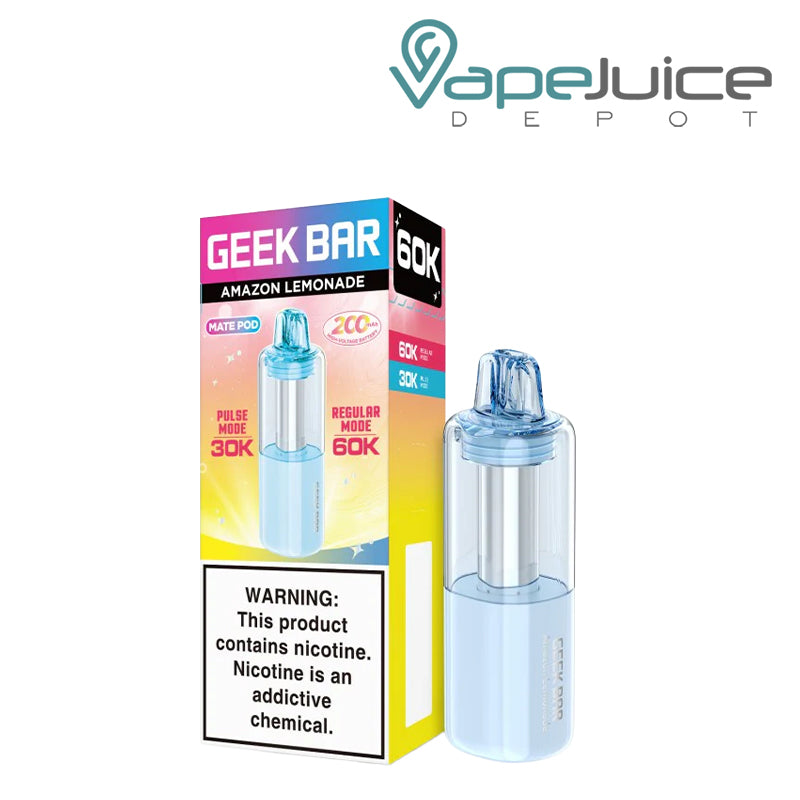 A box of Amazon Lemonade Geek Bar Mate 60K Disposable Pod with a warning sign and a disposable pod next to it - Vape Juice Depot