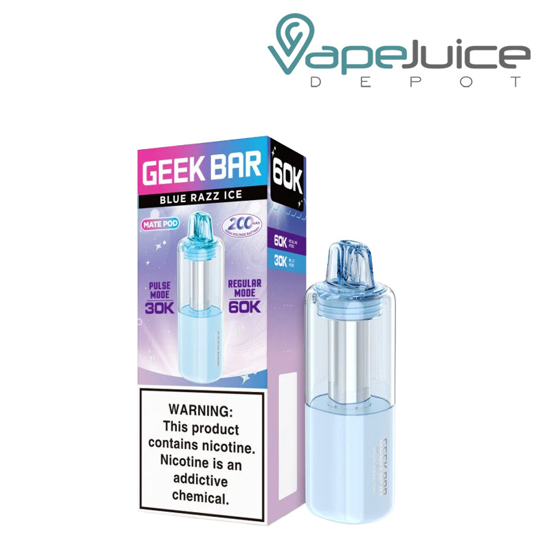 A box of Blue Razz Ice Geek Bar Mate 60K Disposable Pod with a warning sign and a disposable pod next to it - Vape Juice Depot