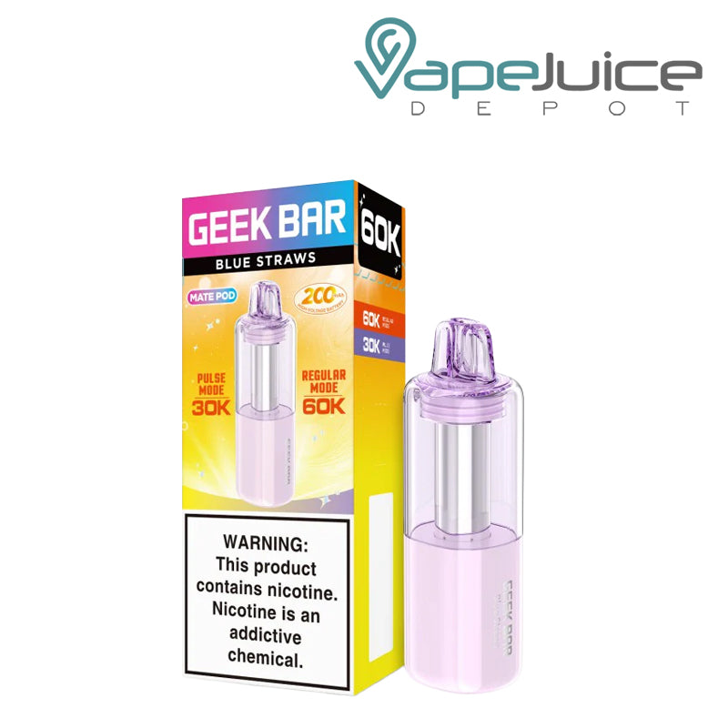 A box of Blue Straws Geek Bar Mate 60K Disposable Pod with a warning sign and a disposable pod next to it - Vape Juice Depot