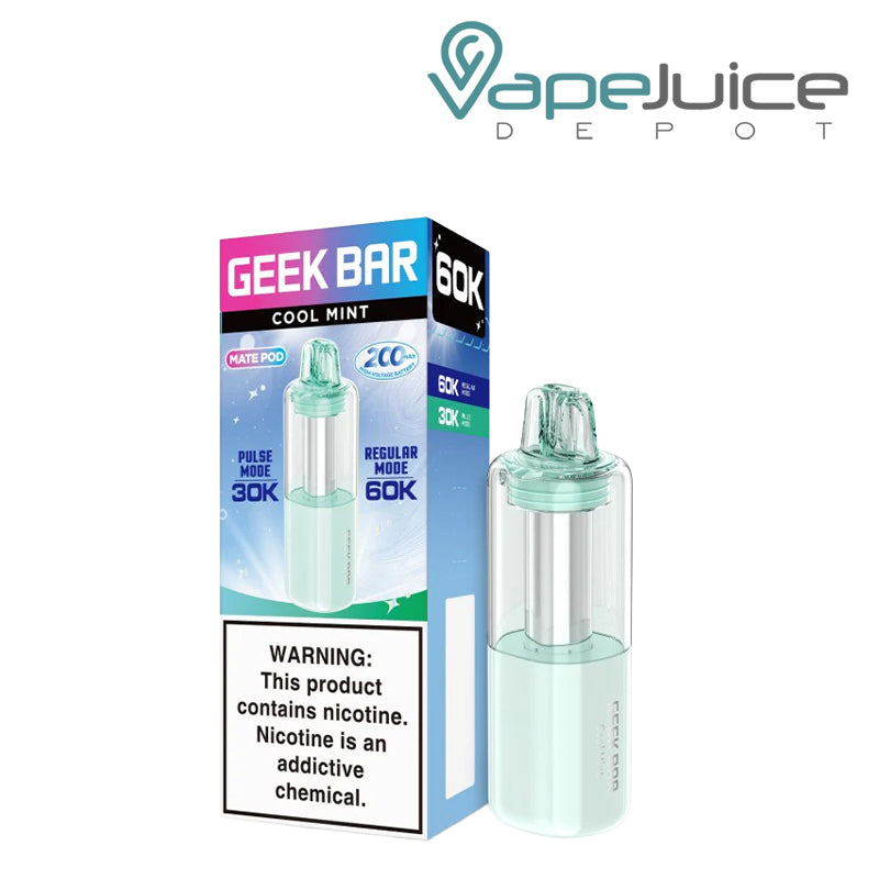 A box of Cool Mint Geek Bar Mate 60K Disposable Pod with a warning sign and a disposable pod next to it - Vape Juice Depot