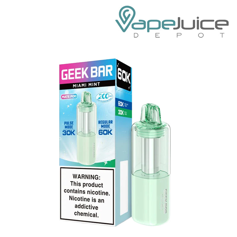 A box of Miami Mint Geek Bar Mate 60K Disposable Pod with a warning sign and a disposable pod next to it - Vape Juice Depot