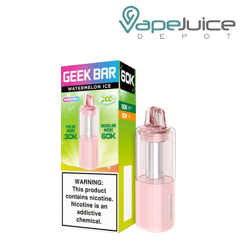 A box of Watermelon Ice Geek Bar Mate 60K Disposable Pod with a warning sign and a disposable pod next to it - Vape Juice Depot