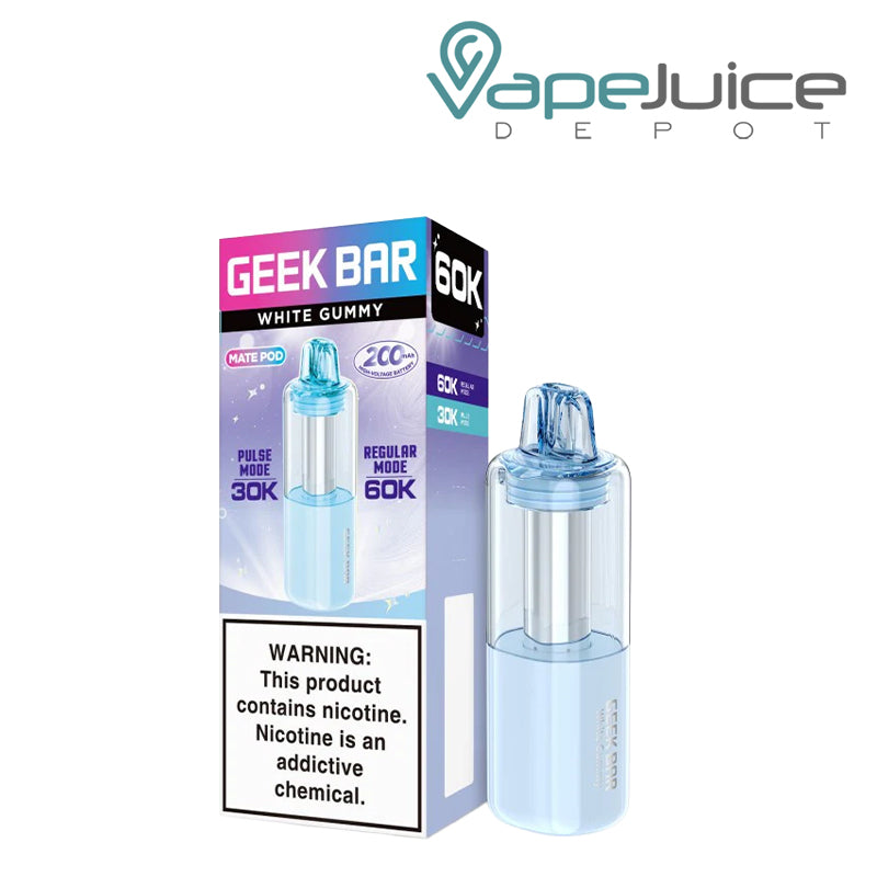 A box of White Gummy Geek Bar Mate 60K Disposable Pod with a warning sign and a disposable pod next to it - Vape Juice Depot