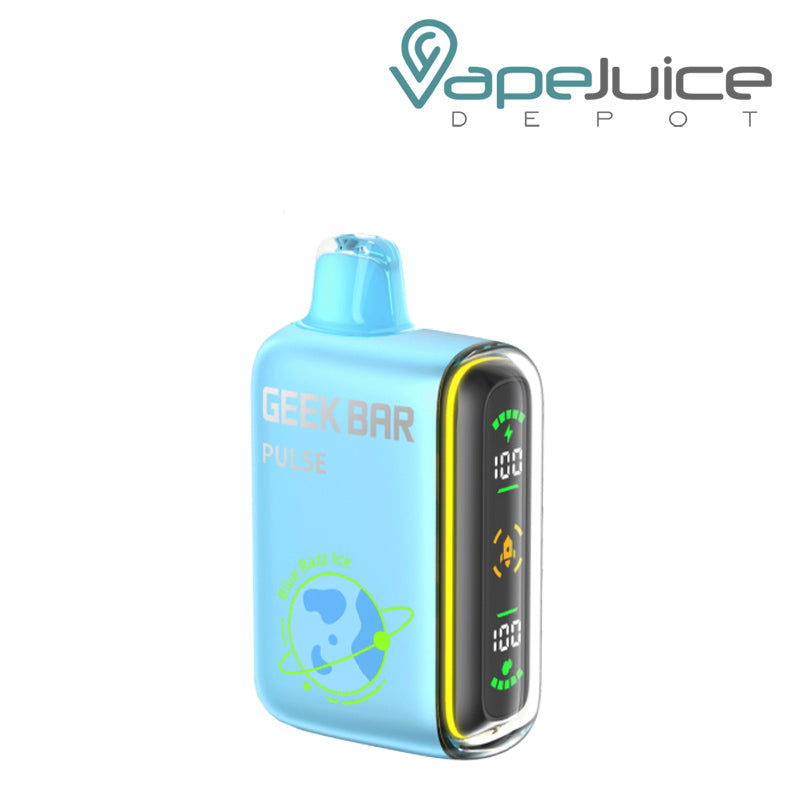Blue Razz Ice Geek Bar Pulse 15000 Disposable with a display screen on the side - Vape Juice Depot