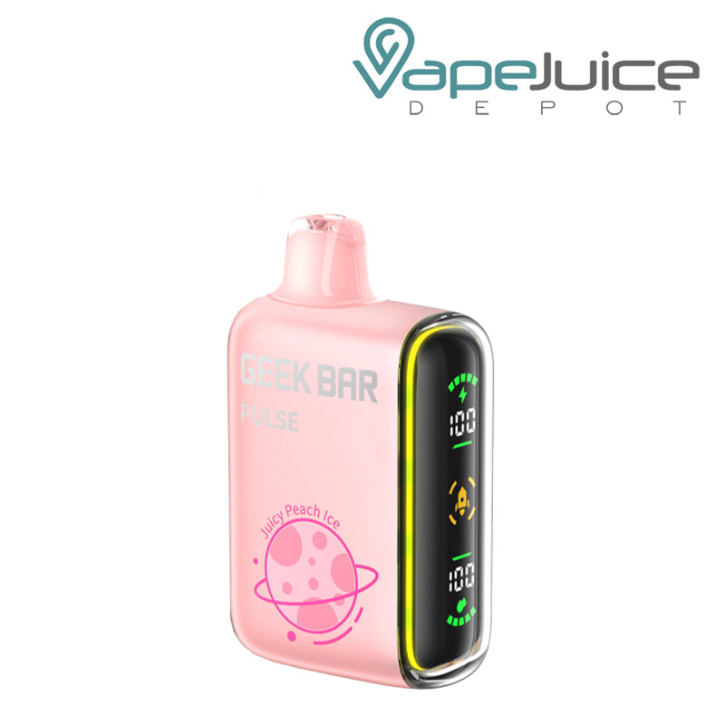 Juicy Peach Ice Geek Bar Pulse 15000 Disposable with a display screen on the side - Vape Juice Depot