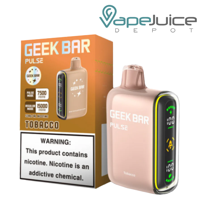A Box of Geek Bar Pulse 15000 Tobacco Disposable with a warning sign next to the vape with its screen being visible - Vape Juice Depot