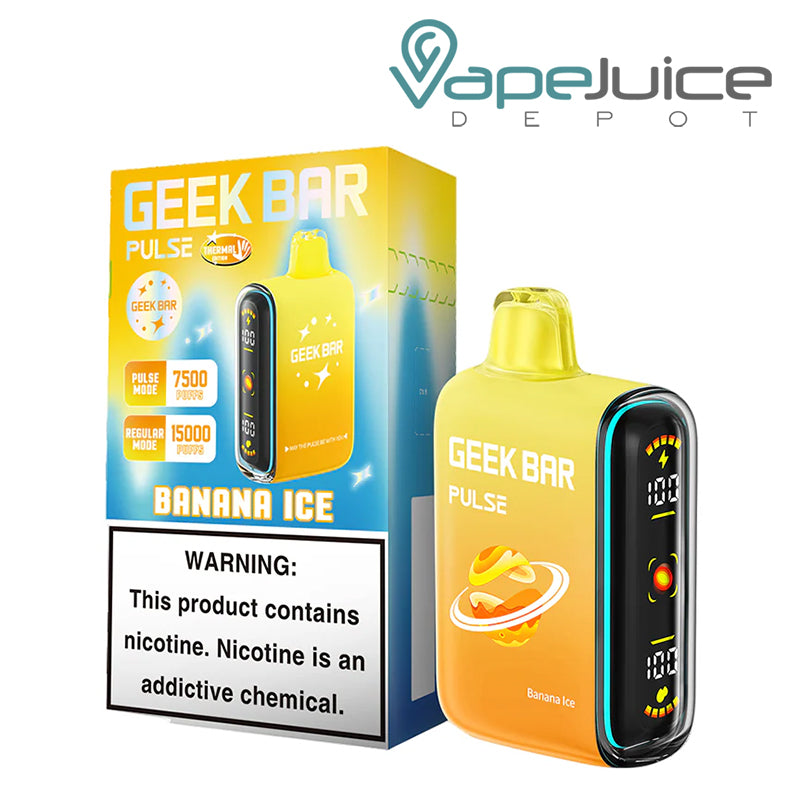 A Box of Banana Ice Geek Bar Pulse 15K Thermal Edition Disposable with a warning sign and a device with a full screen next to it - Vape Juice Depot
