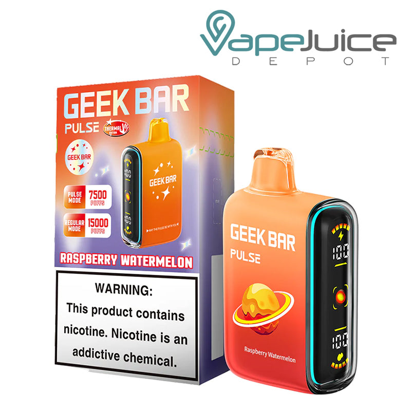 A Box of Raspberry Watermelon Geek Bar Pulse 15K Thermal Edition Disposable with a warning sign and a device with a full screen next to it - Vape Juice Depot