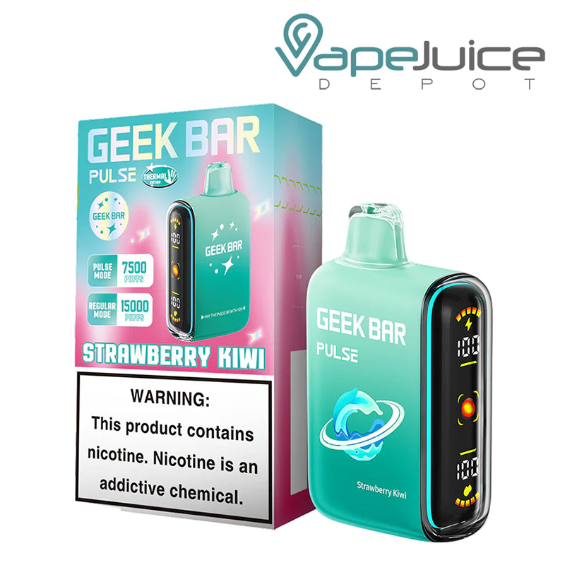 A Box of Strawberry Kiwi Geek Bar Pulse 15K Thermal Edition Disposable with a warning sign and a device with a full screen next to it - Vape Juice Depot
