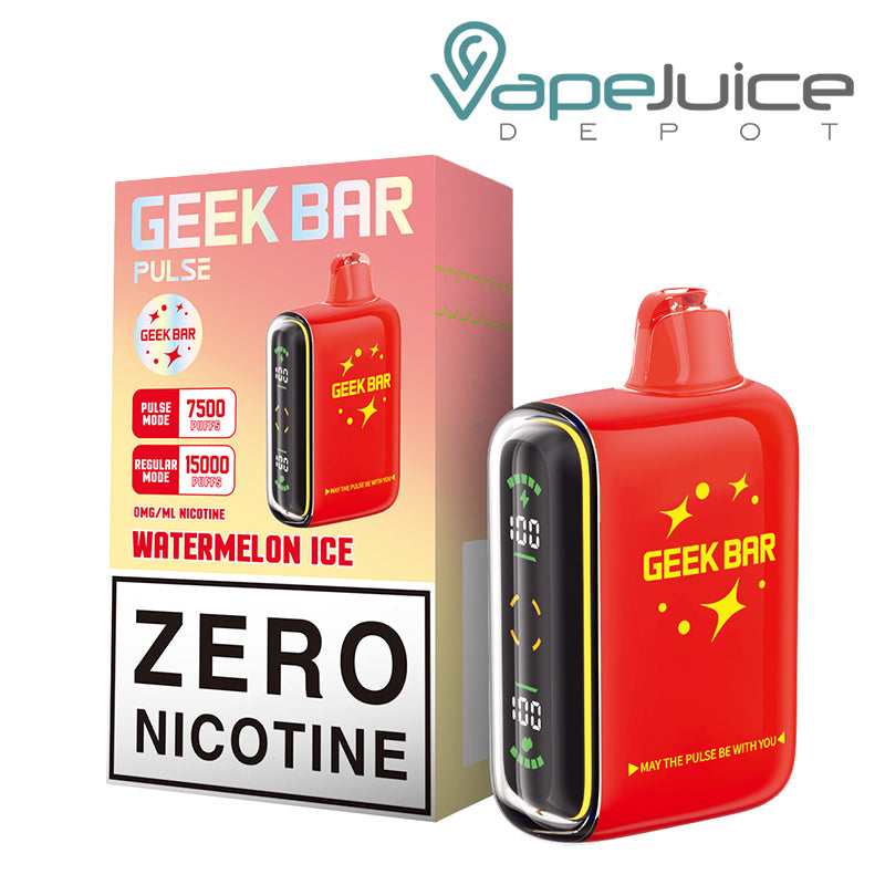 A Box of Watermelon Ice Geek Bar Pulse 15K Zero Edition Disposable and a Disposable with Full Screen next to it - Vape Juice Depot