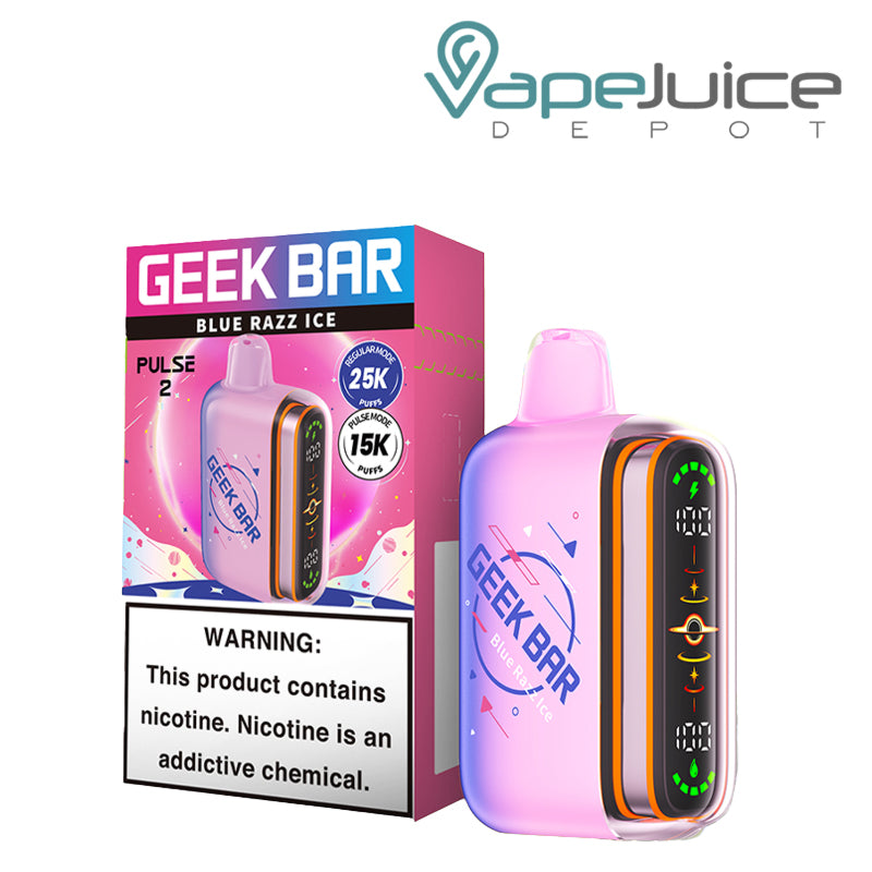 A Box of Blue Razz Ice Geek Bar Pulse 2 25K Disposable with a warning sign and a device next to it - Vape Juice Depot
