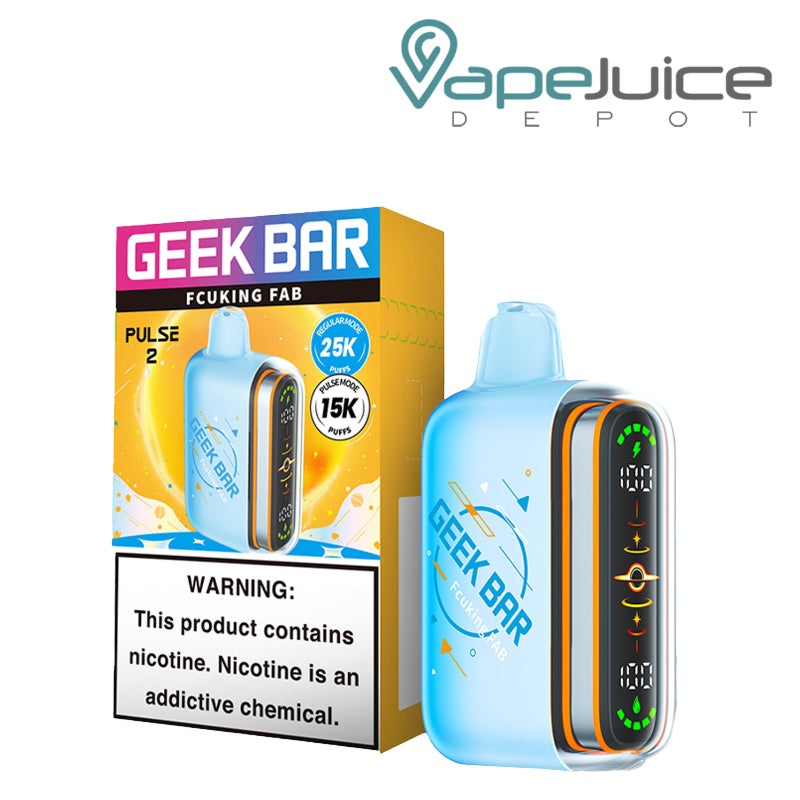 A Box of Fcuking Fab Geek Bar Pulse 2 25K Disposable with a warning sign and a device next to it - Vape Juice Depot