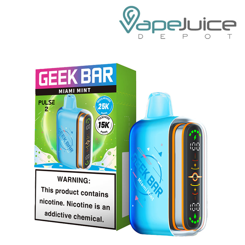 A Box of Miami Mint Geek Bar Pulse 2 25K Disposable with a warning sign and a device next to it - Vape Juice Depot