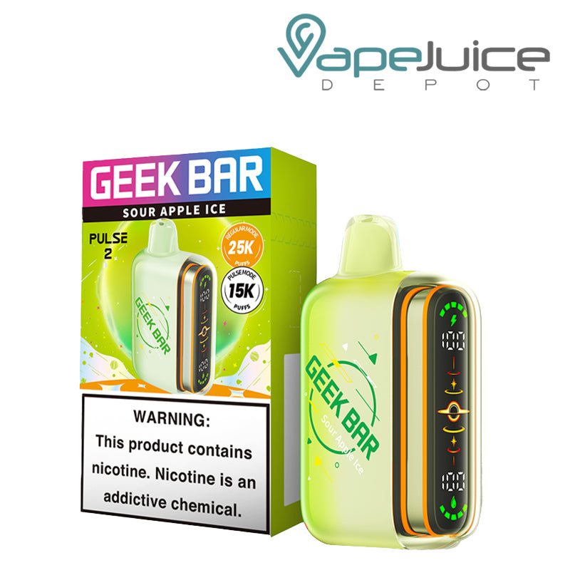 A Box of Sour Appke Ice Geek Bar Pulse 2 25K Disposable with a warning sign and a device next to it - Vape Juice Depot
